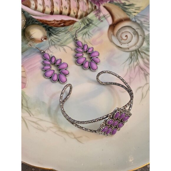 Native American-Style Silver & Purple Cuff Bracelet & Earrings Set New - Picture 5 of 7